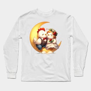 Valentine Chicken Couple on Moon Long Sleeve T-Shirt